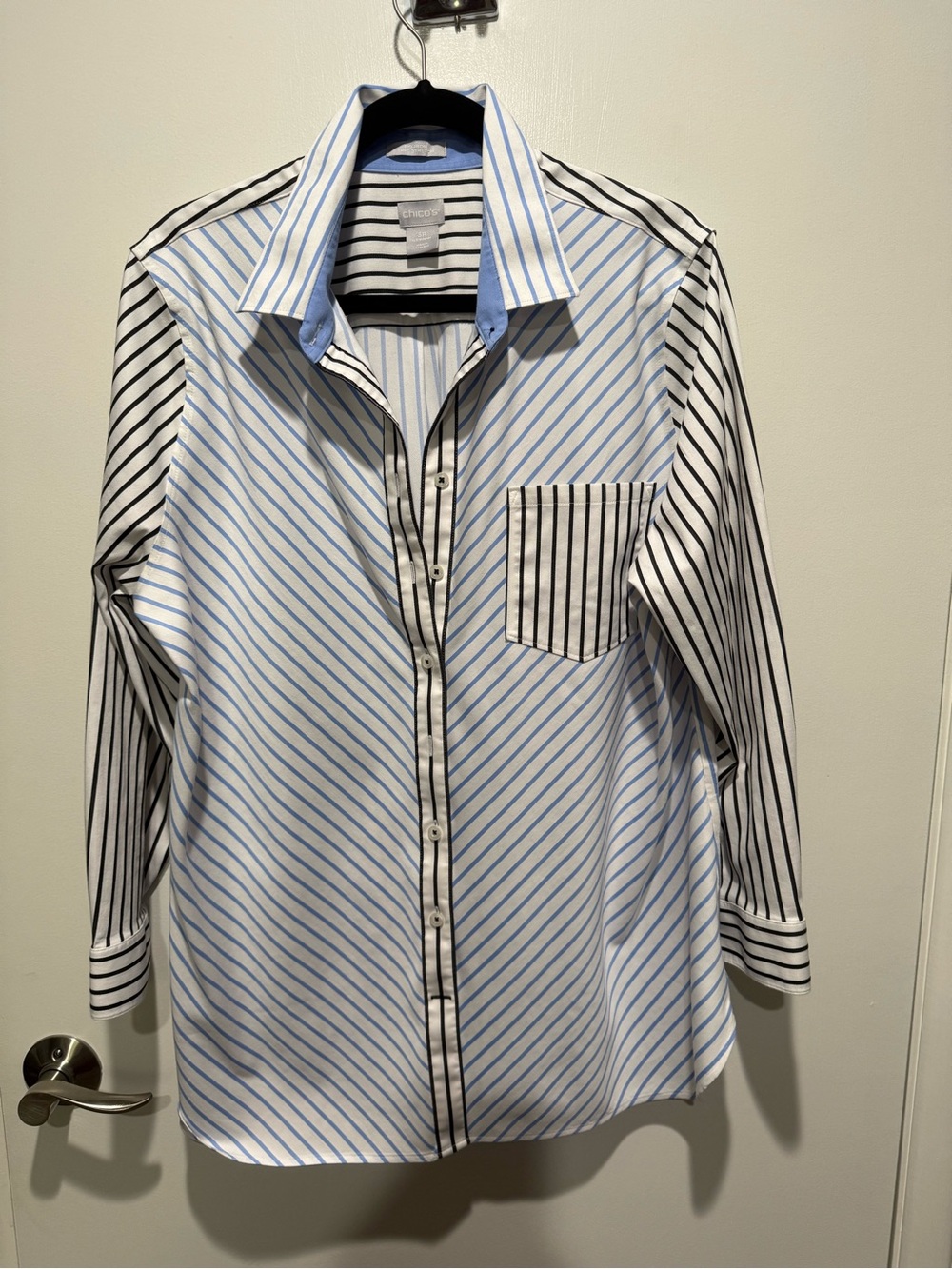 Chico's White Shirt with Light Blue and Black Stripes